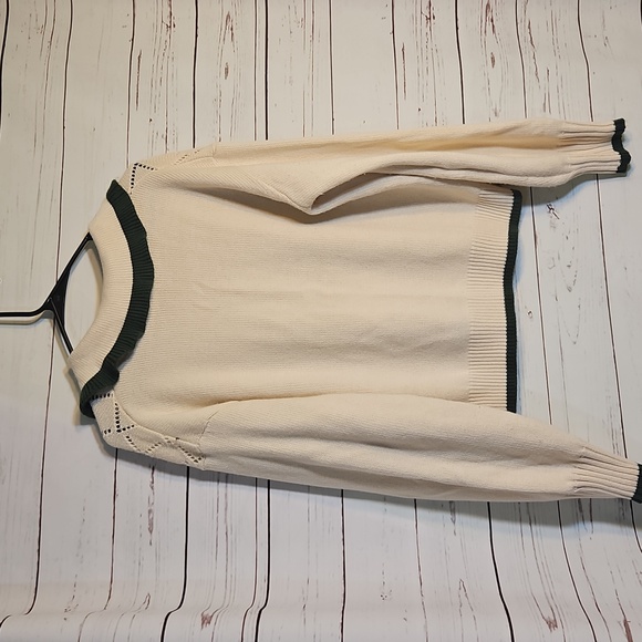 Shein Cream Floral‎ Embroidered Cable Knit Cardigan Sweater Green Trim - Picture 3 of 6